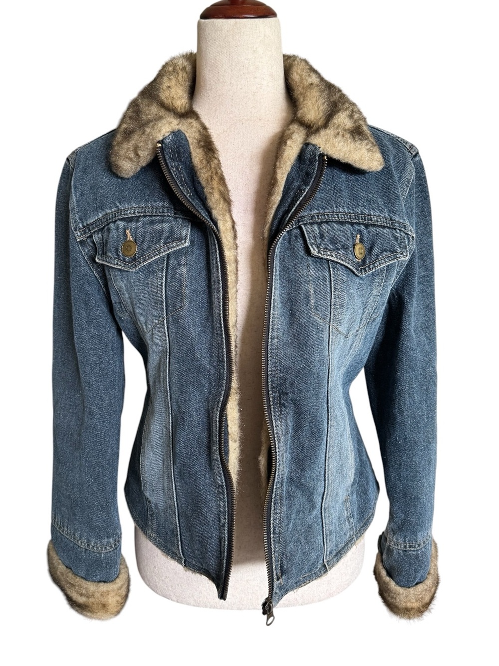 Y2K BKE Faux Fur-Trim Denim Jacket
